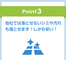 Point3 他社では落とせないシミや汚れも落とせます！しかも安い！